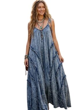 Boho Washed Blue Wide-Leg Jumpsuit with Tie Straps